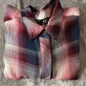 Kut From the Kloth Hi-Lo Burgundy and Navy Phoenix Plaid Button Down Shirt NWT